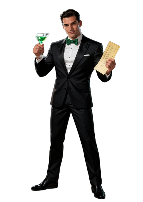 BillionaireSpin Casino Maskottchen - eleganter Milliard&auml;r im schwarzen Smoking mit Martini und Gewinnscheck